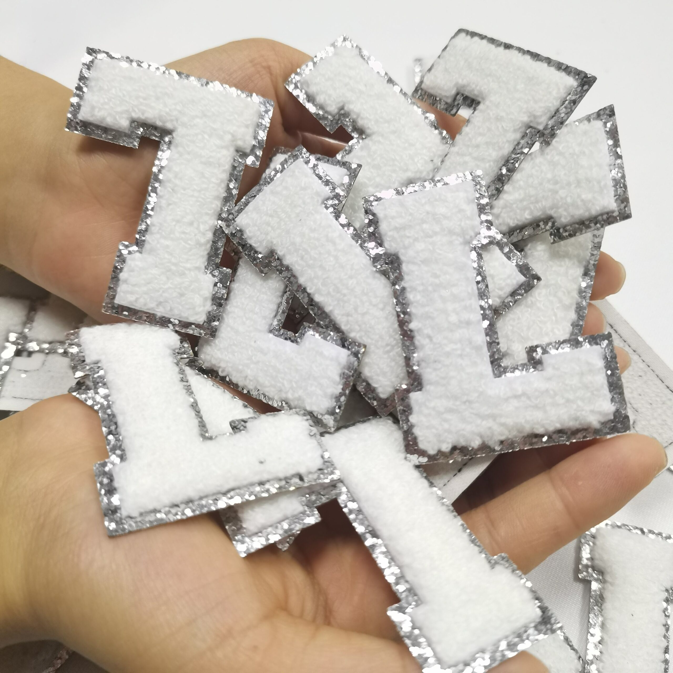 wholesale White Glitter Letter Chenille Initial Patch Sticker Gold Glitter Back A-Z Alphabet Patch For Kid Clothing Bags 4 wholesale White Glitter Letter Chenille Initial Patch Sticker Gold Glitter Back A-Z Alphabet Patch For Kid Clothing Bags - Image 2